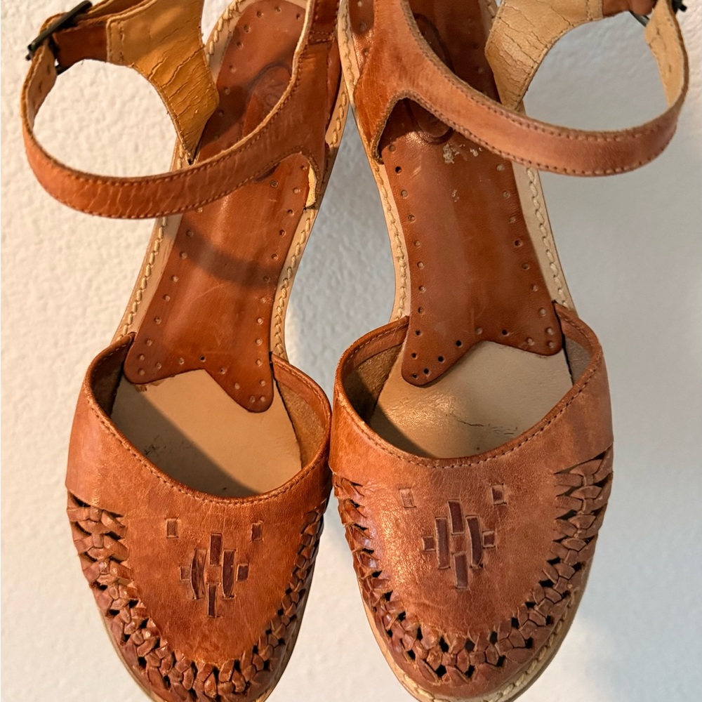 Women’s Brown Leather Woven Ankle-Strap Heels